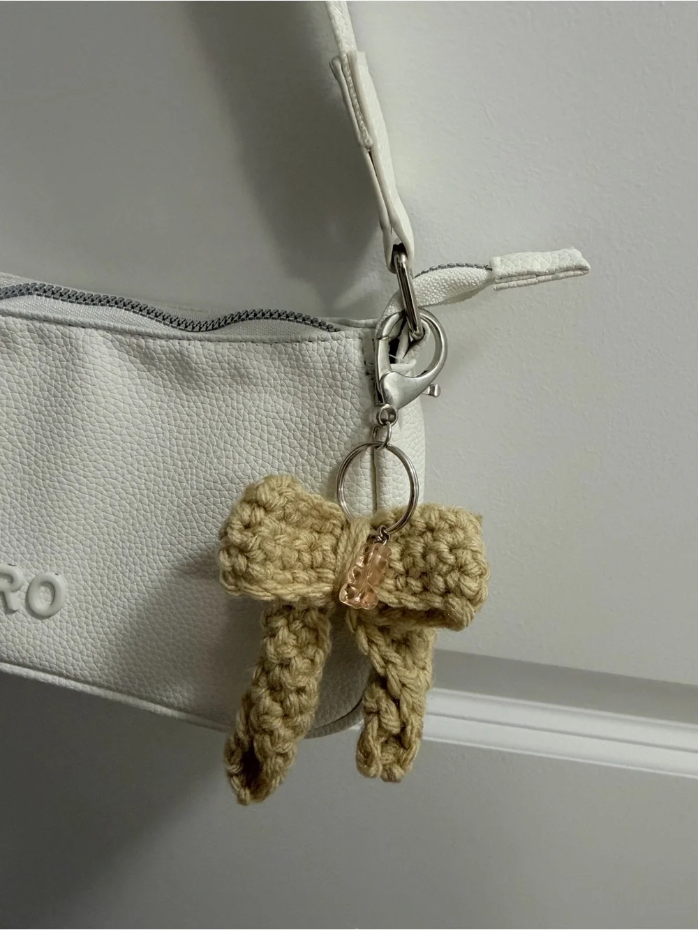Handmade Beige Crochet Bow Keychain Charm